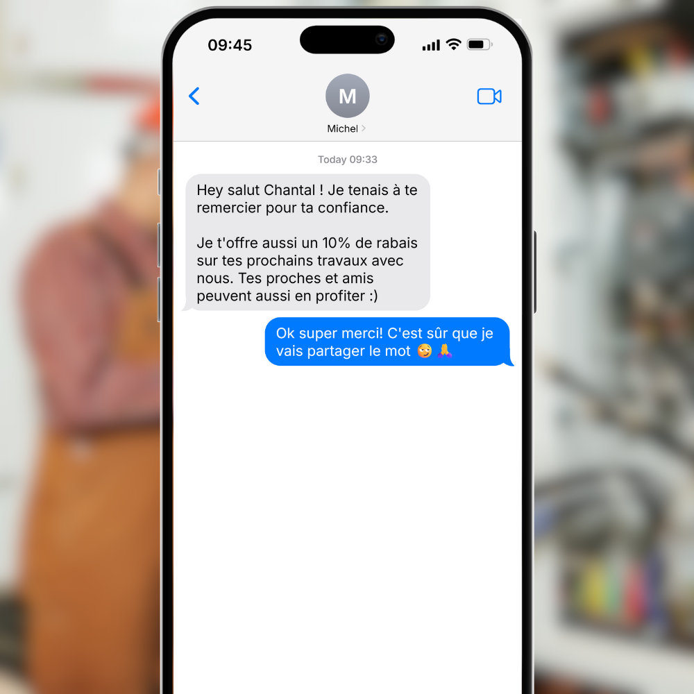 Email et SMS automatisé : 'Merci pour votre confiance. Voici 50$ de rabais sur votre prochain job.'