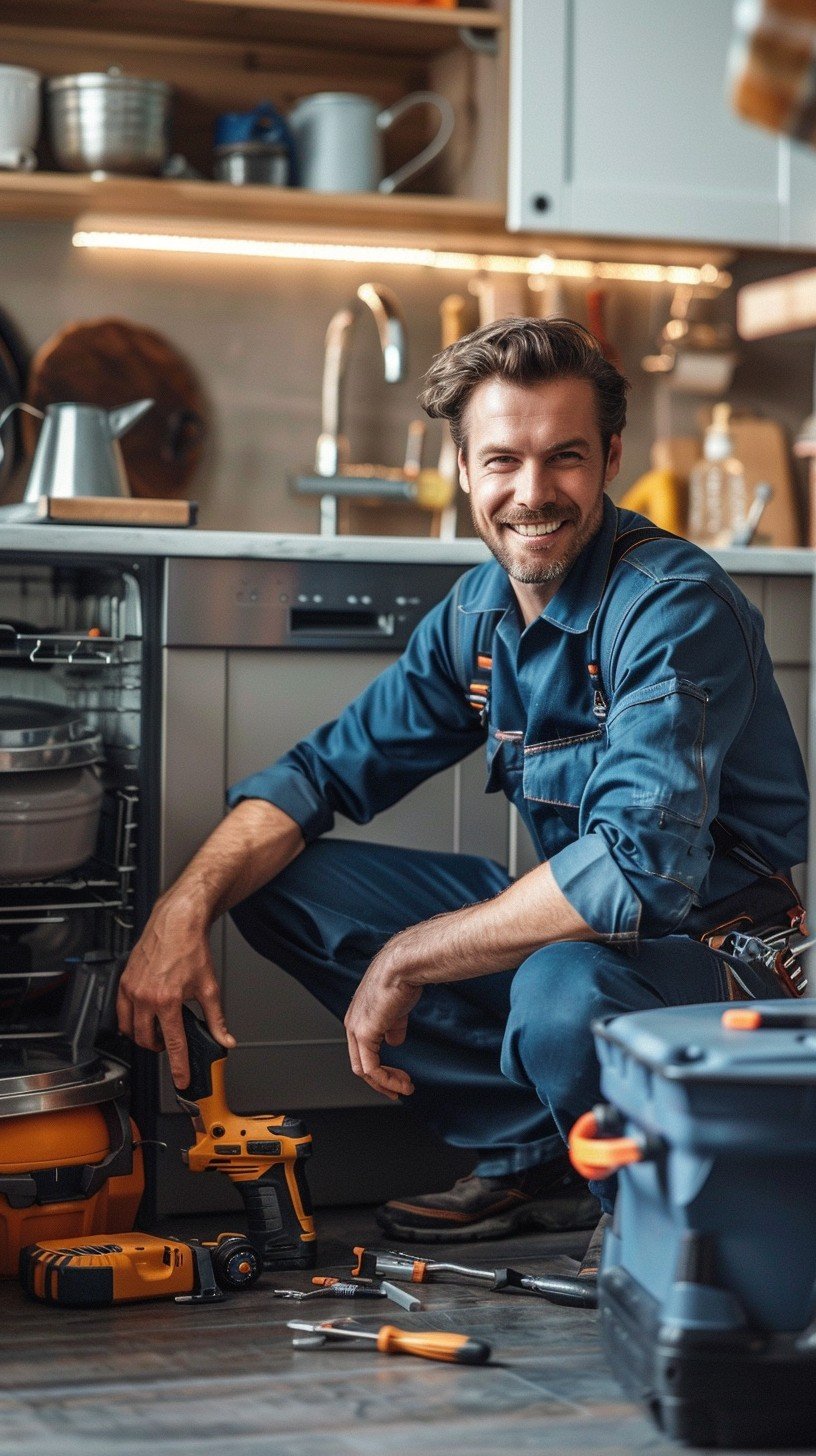 Plombier réparant un tuyau sous un évier